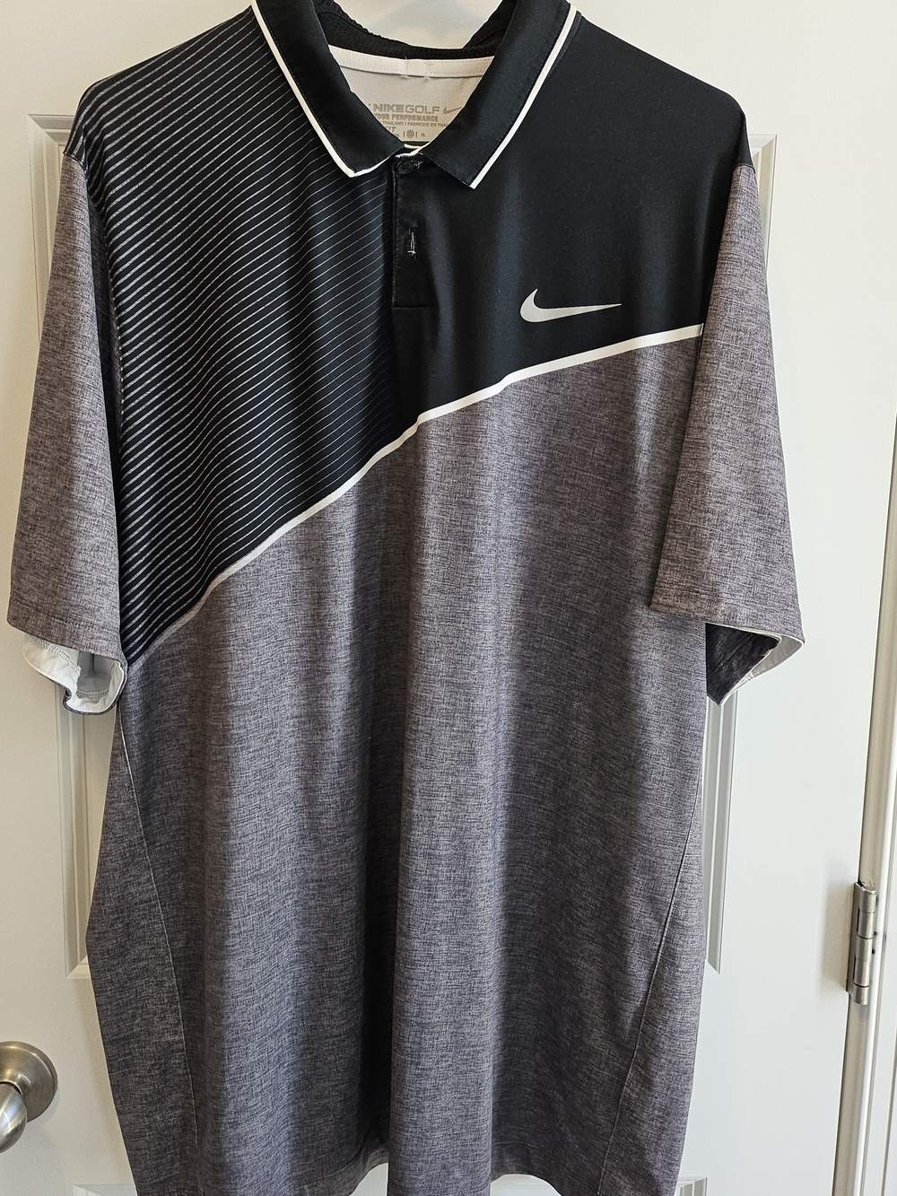 Nike Men’s Black and Heather Gray Diagonal Golf Polo with White Accents